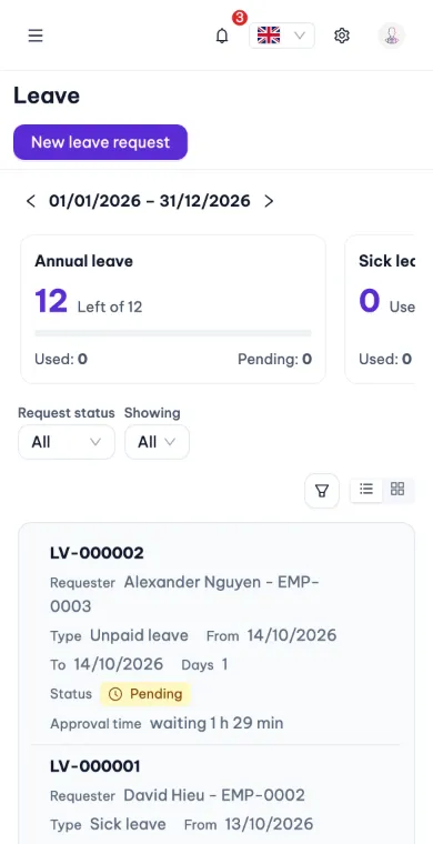 Leave on a phone: the annual leave balance card and the list of leave requests with their status