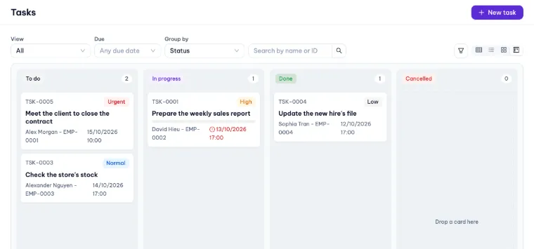 Tasks Kanban board with To do, In progress, Done and Cancelled columns and task cards showing priority, assignee and due date